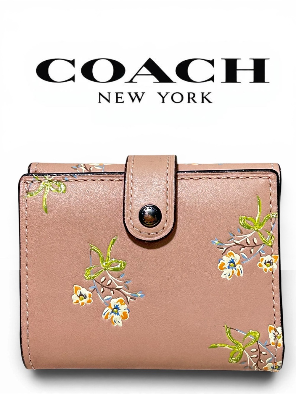 COACH 1941 Glovetanned Leather Trifold Compact Wallet w/Floral Bow Embossing